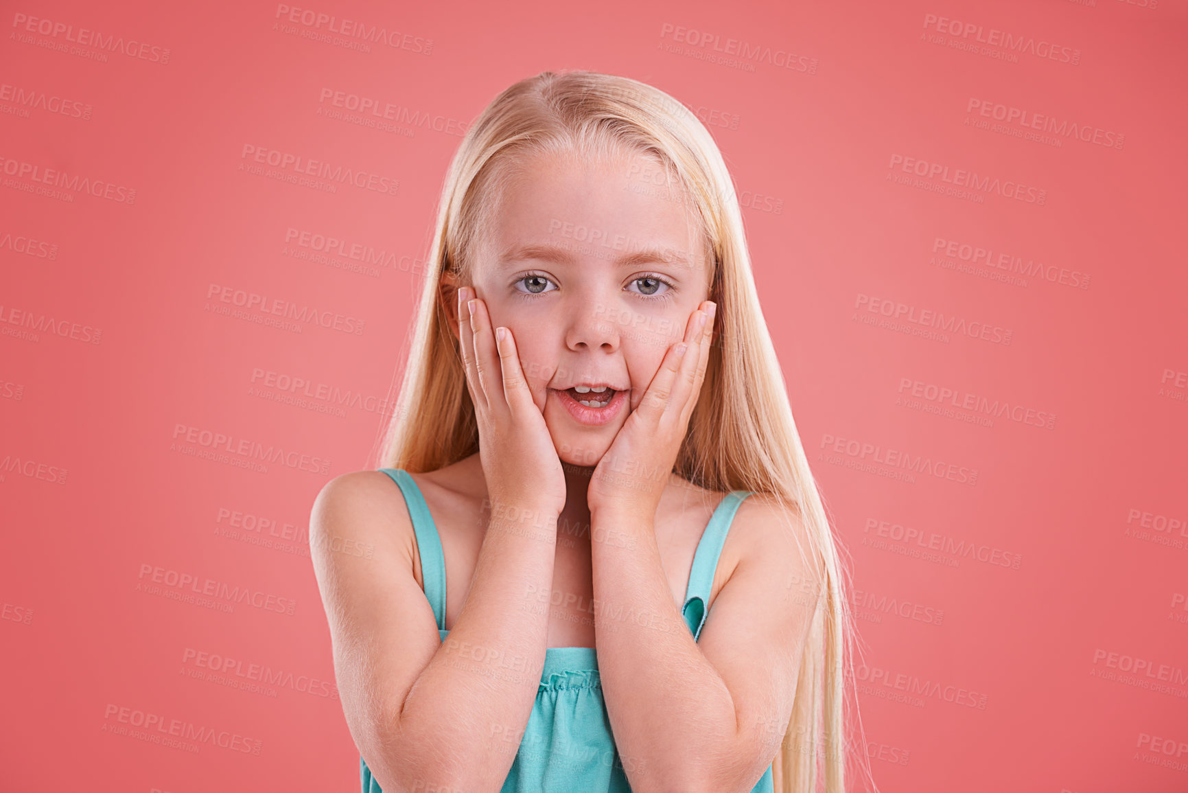 Buy stock photo Wow, children and girl with hands on face in studio for news, information or promo on pink background. Omg, surprise and female kid model with shock emoji for announcement, deal or giveaway offer