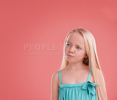 Buy stock photo Girl, kid and thinking on growth in studio, child development and ideas on pink background. Female person, planning and confidence for childhood on mockup space, contemplating and innocent ponder