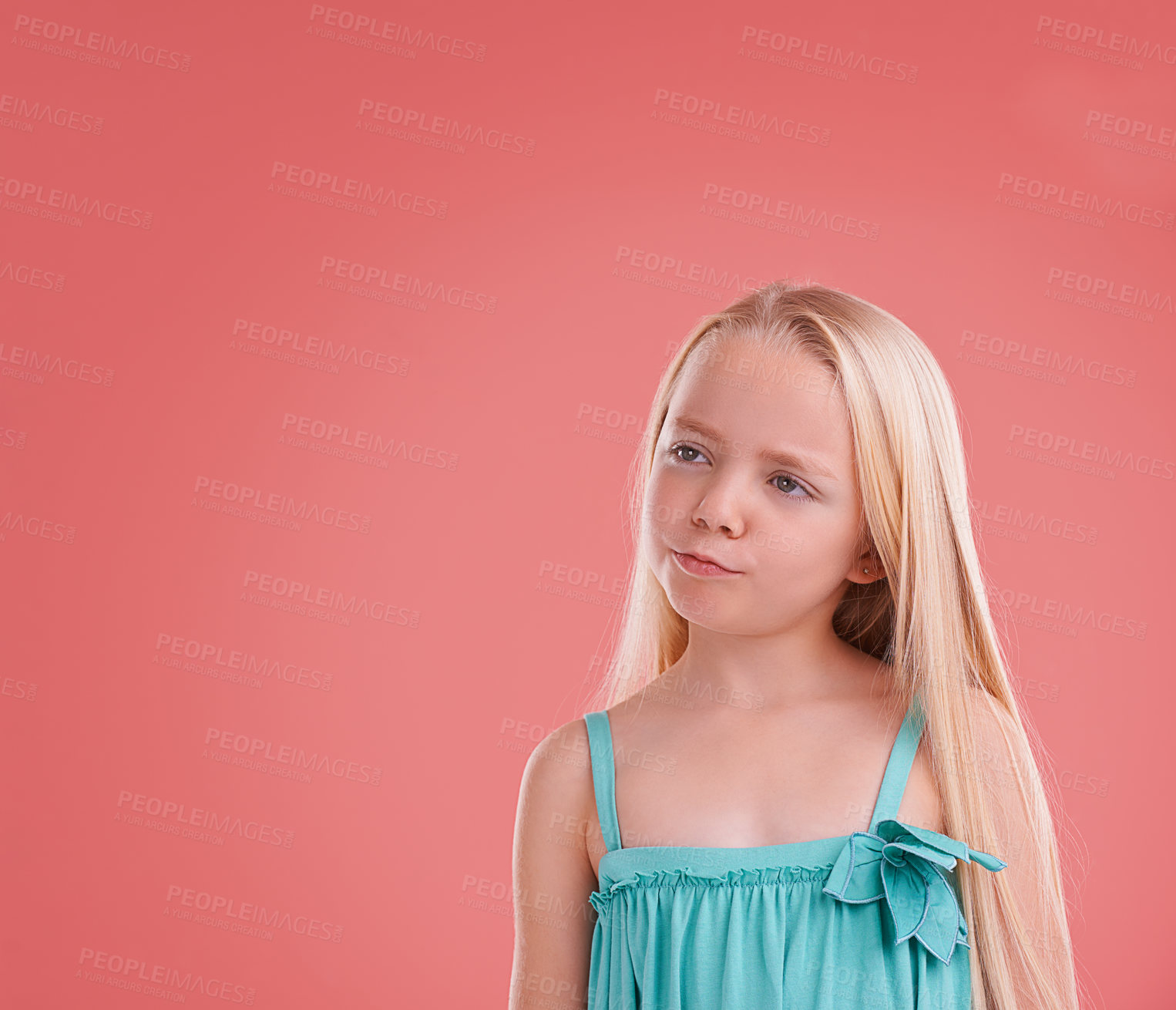 Buy stock photo Girl, kid and thinking on growth in studio, child development and ideas on pink background. Female person, planning and confidence for childhood on mockup space, contemplating and innocent ponder