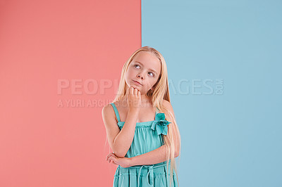 Buy stock photo Question, ideas and girl child in studio with brainstorming facial expression by mockup space. Planning, thinking and young kid model with guess, decision or choice face by color block background.