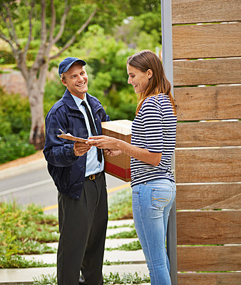 Buy stock photo Parcel, clipboard and deliveryman with woman at her home gate for ecommerce shipping package. Outdoor, order and courier driver with cardboard box with female person for signature at house entrance.