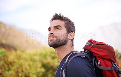 Buy stock photo Hiking, relax and thinking with man on mountain for fitness, adventure and travel journey. Backpack, summer and workout with male hiker trekking in nature path for training, freedom and explore