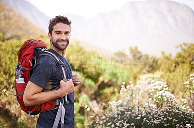 Buy stock photo Hiking, happy and portrait of man on mountain for fitness, adventure and travel journey. Backpacking, summer and workout with male hiker trekking in nature path for training, freedom and explore