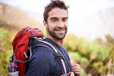 Buy stock photo Hiking, smile and portrait of man on mountain for fitness, adventure and travel journey. Backpacking, summer and workout with male hiker trekking in nature path for training, freedom and explore