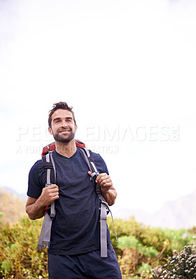 Buy stock photo Man, hike and happy for adventure with backpacker for fitness, workout and hobby on mountain top in countryside. Explore, smile and outdoor activity in nature for healthy mind in woods on holiday