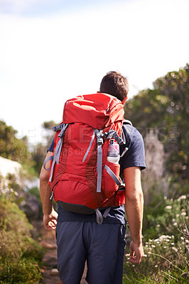 Buy stock photo Man, hiking and nature for training, health and wellness with back and mountain. Athlete, exercise and adventure with summer, sunshine and backpack journey on cape town trail with travel and vacation