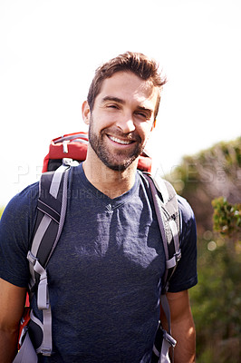 Buy stock photo Hiking, travel and portrait of man on mountain for fitness, adventure and journey. Backpack, summer and face of with male hiker trekking in nature path for training, freedom and explore