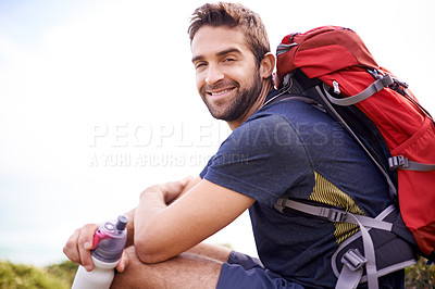Buy stock photo Man, hike and smile for adventure with water bottle or backpacker for fitness, workout and activity on mountain top. Portrait, happy and outdoor in nature for healthy mind in woods or forest.