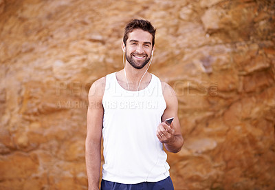 Buy stock photo Fitness, earphones and portrait of man with phone for exercise, workout and music for training. Male person, headphones and face with happiness for online streaming, podcast and morning cardio