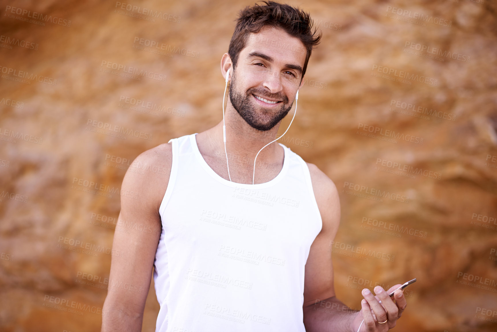 Buy stock photo Workout, headphones and portrait of man with phone for fitness, training and podcast for exercise. Male person, happy and face with earphones for online audio, streaming or music for morning cardio