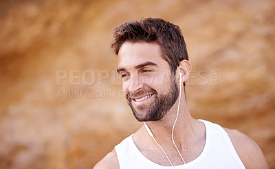 Buy stock photo Fitness, smile and man with headphones for workout, training and music playlist for exercise. Male person, earphones and face with thinking for audio streaming, wellness or podcast for morning cardio