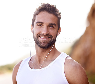 Buy stock photo Exercise, headphones and portrait of man in nature for fitness, training and podcast for morning workout. Male person, earphones and smile with happiness for streaming, audio and music for cardio