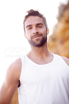 Buy stock photo Man, runner and portrait for outdoor workout, sports and nature for cardio or train for marathon. Male person, happy and fitness on mountain for performance challenge, athlete and exercise for race