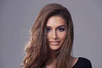 Buy stock photo Haircare, portrait and woman in studio for hairstyle, treatment and glow on isolated grey background. Shampoo, smile and face of female model with natural cosmetics, salon and volume in mockup space