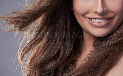 Buy stock photo Woman, hair and portrait for blow and style with heat and  keratin treatment or wash. Model, smile and glossy for healthy strand with shampoo for smooth and beauty for volume or conditioner and long
