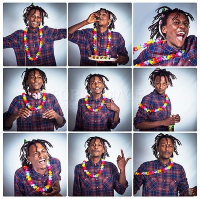 Buy stock photo Alcohol shots, crazy and man drunk on spring break vacation, happy and excited for party celebration. Fun energy collage, vodka tequila drinks and African student celebrate with lei flowers and beer