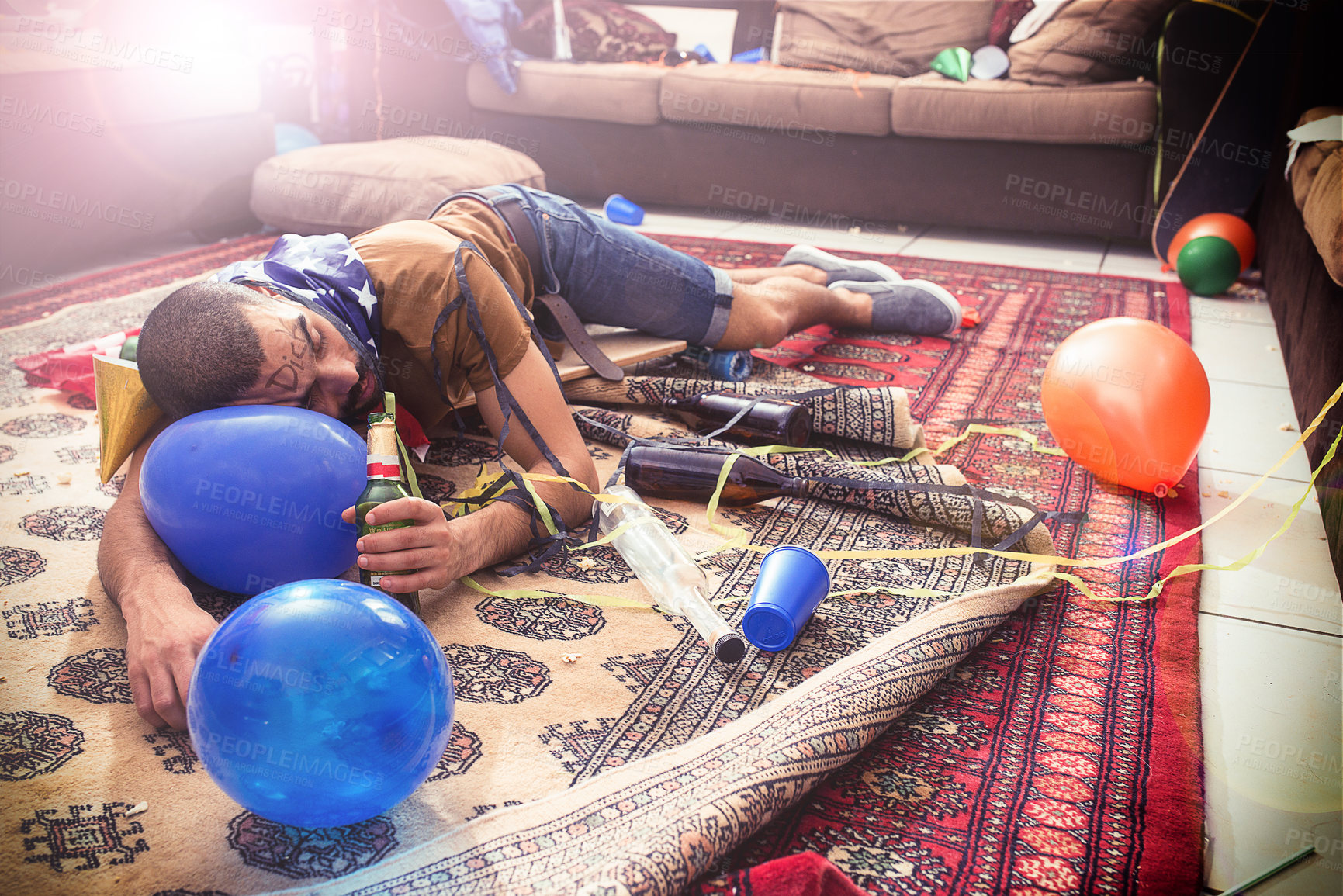 Buy stock photo Man sleeping, drunk with alcohol addiction and party, new year celebration with holiday and social event, hungover from drinks. Celebrate with beer, abuse and problem with drinking.