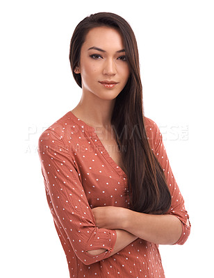 Buy stock photo Woman, beauty and portrait of a Asian model with casual clothing with isolated white background. Japanese, person and beautiful female feeling calm with arms crossed and vertical mock up alone