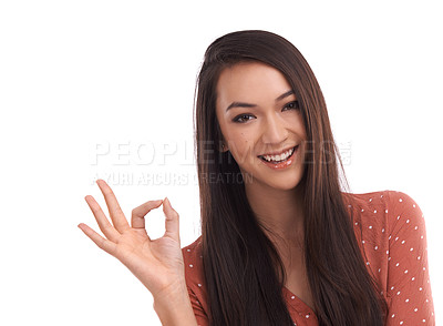 Buy stock photo Success, ok and portrait of Asian woman on a white background to vote, agreement and approval. Mockup, advertising and face of girl isolated in studio with hand gesture for good news, support and yes