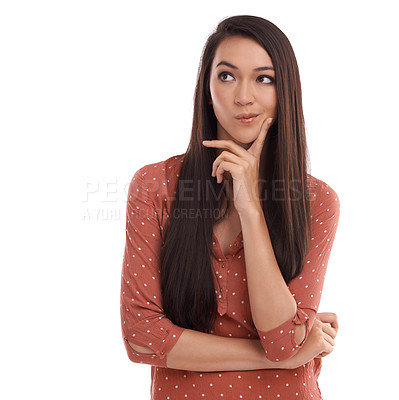 Buy stock photo Thinking, mockup and vision with a model woman in studio isolated on a white background for marketing. Idea, branding and product placement with a young female on blank advertising space or mock up
