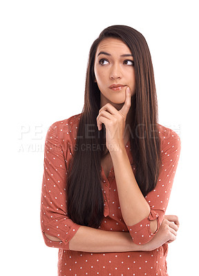 Buy stock photo Thinking, confused and doubt with a woman in studio isolated on a white background while contemplating. Idea, decision and choice with an attractive young female pondering or standing finger on chin