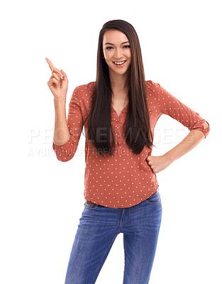 Buy stock photo Happy woman, portrait and pointing at mockup space for advertising, sale and promotion announcement. Smile of asian model with finger for product placement and marketing isolated on white background
