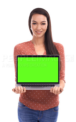 Buy stock photo Green screen, laptop and portrait of Asian woman on a white background for website, digital logo and information. Marketing, advertising and isolated girl with computer screen mockup for online data