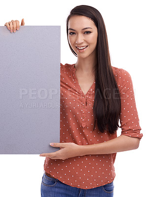 Buy stock photo Advertising mockup, portrait and woman with poster, placard or billboard for promotion, marketing or product placement. Sign, banner space and sales model girl with studio mock up on white background