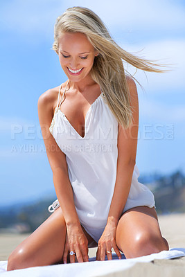 Buy stock photo Beach, smile and woman on towel with thinking for summer travel, vacation and relax with happiness. Nature, holiday and German person at seaside for weekend getaway, sun tan and tourism in Bali