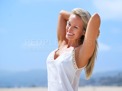 Buy stock photo Woman, fashion and happy at beach in summer outfit for hot weather on holiday, break and rest in Miami. Female person, happy and satisfied on leisure or vacation to relax, chill and arms raised