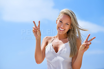 Buy stock photo Portrait, sky or happy woman with peace sign to relax on vacation for break at sea in Athens, Greece. Tourist, hand gesture or person in summer for outdoor travel with smile, wellness or confidence