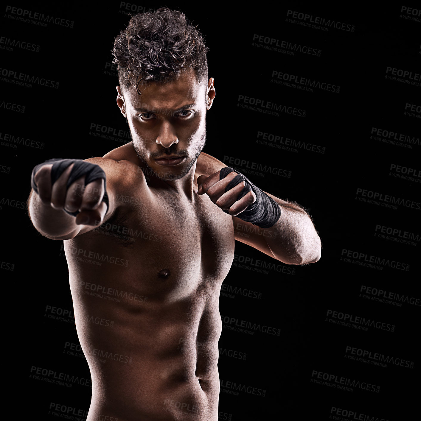 Buy stock photo Fitness, portrait and man with hands for boxing, sport and exercise isolated in black background. Male person, athlete and boxer in studio backdrop for workout, training and wellness for health