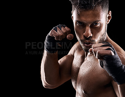 Buy stock photo Body, fitness or portrait of man boxer in studio for power, resilience and training on black background. Fighter, face by kickboxing male at gym for wellness, energy or exercise, workout or match