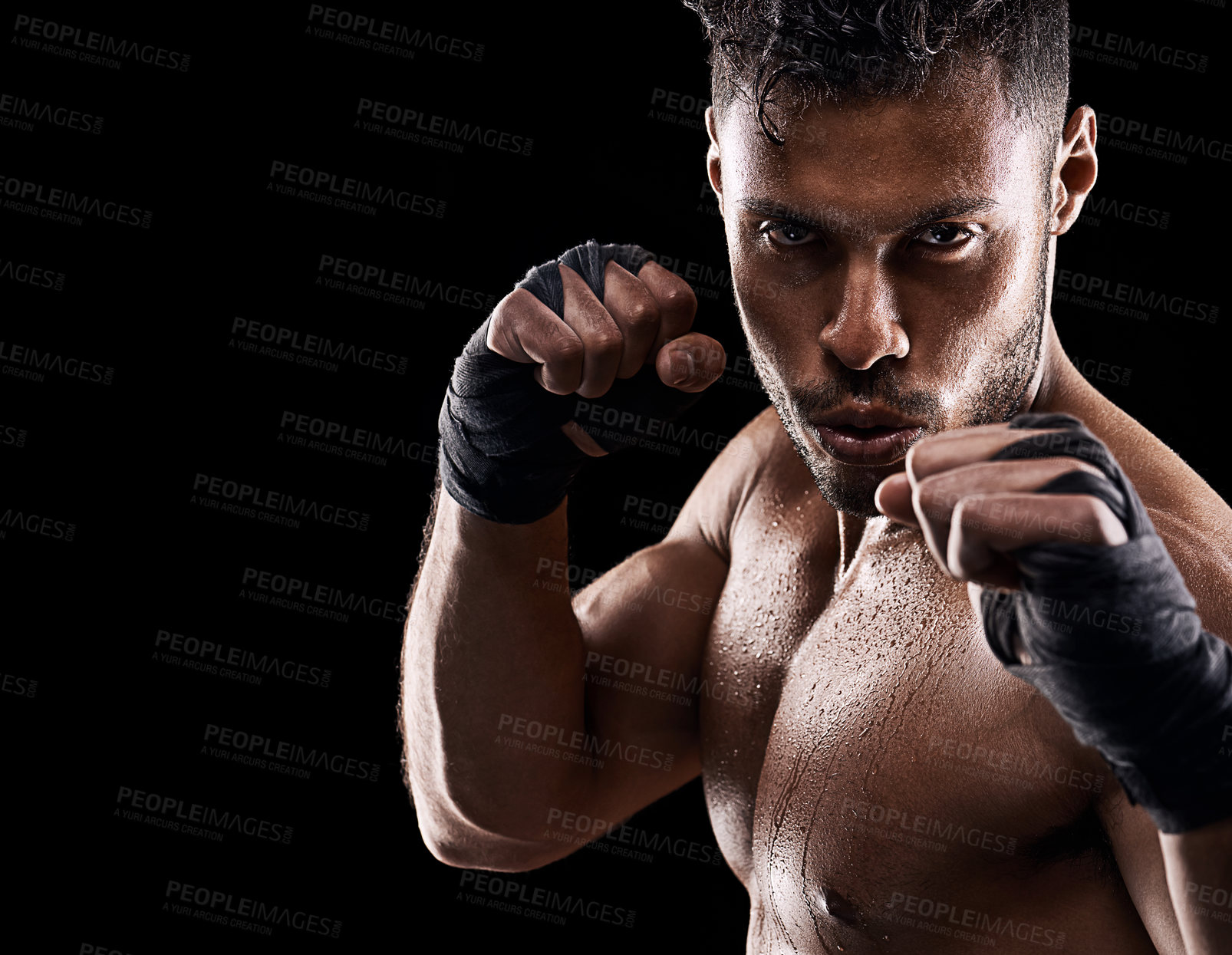 Buy stock photo Body, fitness or portrait of man boxer in studio for power, resilience and training on black background. Fighter, face by kickboxing male at gym for wellness, energy or exercise, workout or match