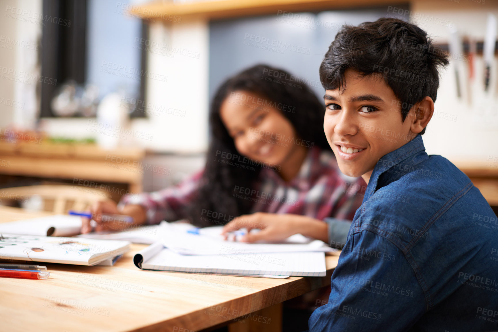 Buy stock photo Children, students and friends portrait or project teamwork for education together, assignment or homework. Boy, girl and face at desk for creative writing for future learning, knowledge or classroom