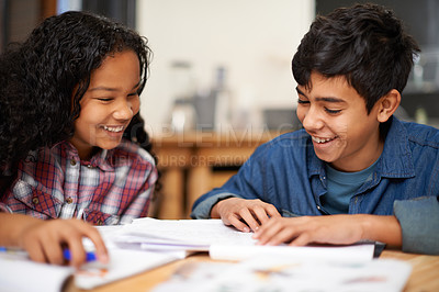 Buy stock photo Children, homework and classroom teamwork for education assignment together for lesson, learning collaboration. Boy, girl and school student for project brainstorming with smile, creative or academy