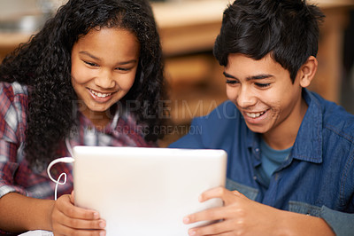 Buy stock photo Students, boy and girl with tablet in classroom for elearning, educational video and online assessment with smile. School kids, friends and happy with technology for knowledge or learning on internet