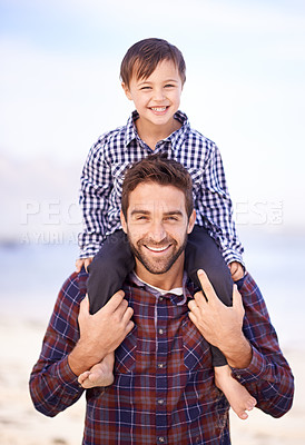 Buy stock photo Ocean, portrait and man with child on shoulders, smile and mockup space on outdoor adventure. Support, face of father and son in nature for fun, bonding and happy trust on beach holiday together