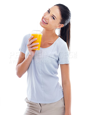 Buy stock photo Woman, portrait and orange smoothie in studio, nutrition and smile for taste on white background. Happy female person, balanced diet and milkshake for weight loss or detox, minerals and organic fiber
