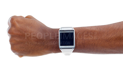 Buy stock photo Cropped view of a woman wearing a smartwatch. The commercial product(s) or designs displayed represent simulations of a real product, and are changed or altered enough so that they don't have any copyright infringements. Our team of retouching and design specialists custom designed these elements for each photo shoot