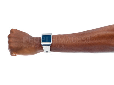 Buy stock photo Smartwatch, futuristic or wrist for sports, heartbeat information or fitness progress with white background. Gadget, digital and hand for technology product, monitor data or timer in studio backdrop