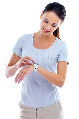 Buy stock photo Person, woman and smart watch in studio for time, gadget  and technology for date, alarm and function. Model or nurse and look with digital for press, schedule and hour for display on white backdrop 