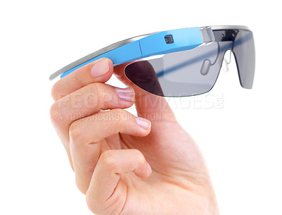 Buy stock photo Smart, sunglasses and technology with vision, future and internet or wifi. Hand, tech and digital innovation with electronic app or network for software experience isolated on white studio background