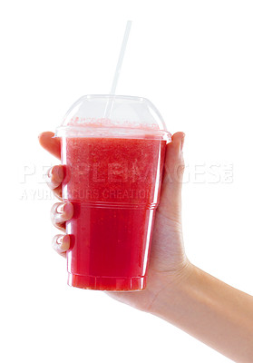 Buy stock photo Hand, smoothie and drinking for vitamins in studio, nutrition and juice with delicious taste on white background. Person, diet and milkshake for weight loss or detox, minerals and wellness fiber