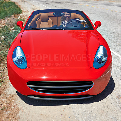 Buy stock photo Convertible, sports car and driving in luxury on road in city, outdoor in summer or motor travel with woman. Vehicle, transport and rich driver on highway, street or drive on holiday and vacation
