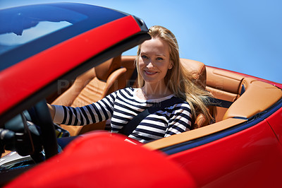 Buy stock photo Woman, portrait and happy in sports car for adventure in summer or road trip on vacation in Beverly Hills. Luxury vehicle for speed on highway, transport and drive on mountain for journey or freedom