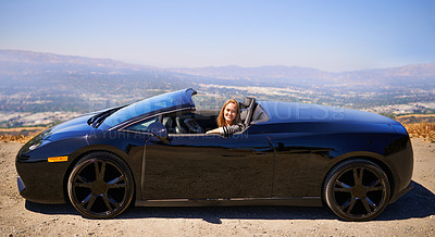 Buy stock photo Woman, portrait and happy in sports car for road trip in summer or adventure on vacation in Beverly Hills. Luxury vehicle for speed on highway, transport and drive on mountain for journey or freedom.