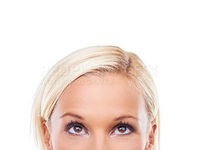 Buy stock photo Idea, half face and woman in studio for brainstorming isolated on a white background mockup space. Head, thinking and closeup of person with question, decision and dream of planning future vision