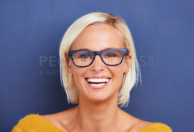 Buy stock photo Happy woman, portrait and glasses for vision and eye care, smart or intelligent with optometry on blue background. Frame, prescription lens and eyewear choice for eyesight, visual and spectacles