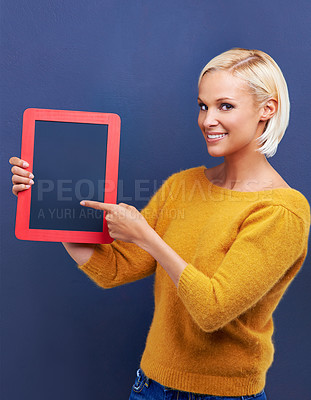 Buy stock photo Woman, studio and portrait to frame board, presentation and mockup for advertisement, customer pointing or checklist. Options, choice with idea for announcement, information with female person